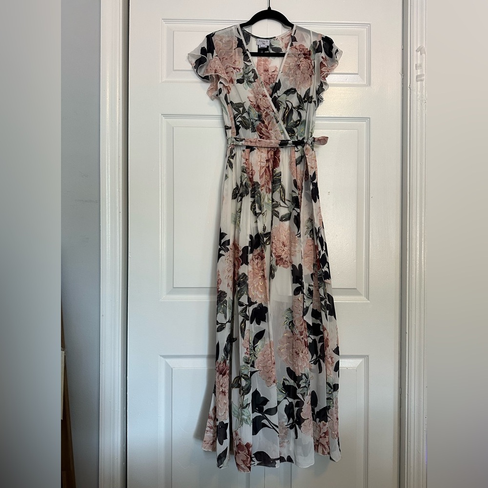 Floral Maxi Wrap Dress in Soft Pink and Cream with V-Neck